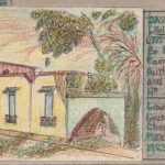 Basil Merrett and his drawing of the D. H. Lawrence house in Chapala