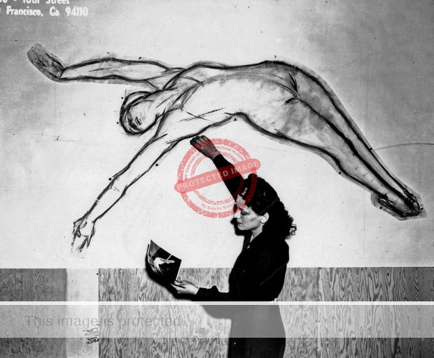 Irene Buhos sketching image of Helen Crlenkovich for San Francisco mural. 1940.