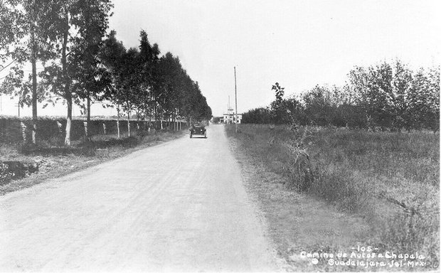 Juan Aráuz Lomeli postcard #105, ca 1926. Camino de autos a Chapala.