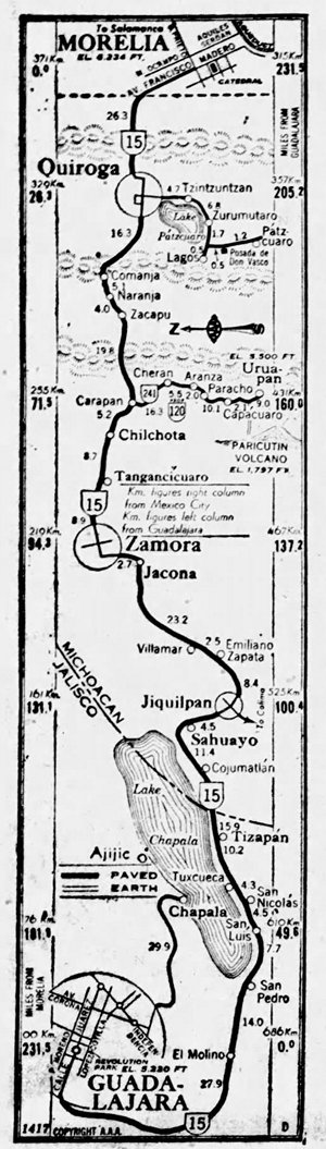Map of driving route, Morelia to Guadalajara. Stan Delaplane. 1953.