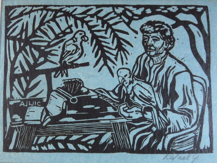 Neill James at her typewriter. Woodcut by Rafael Greno. c. 1957?
